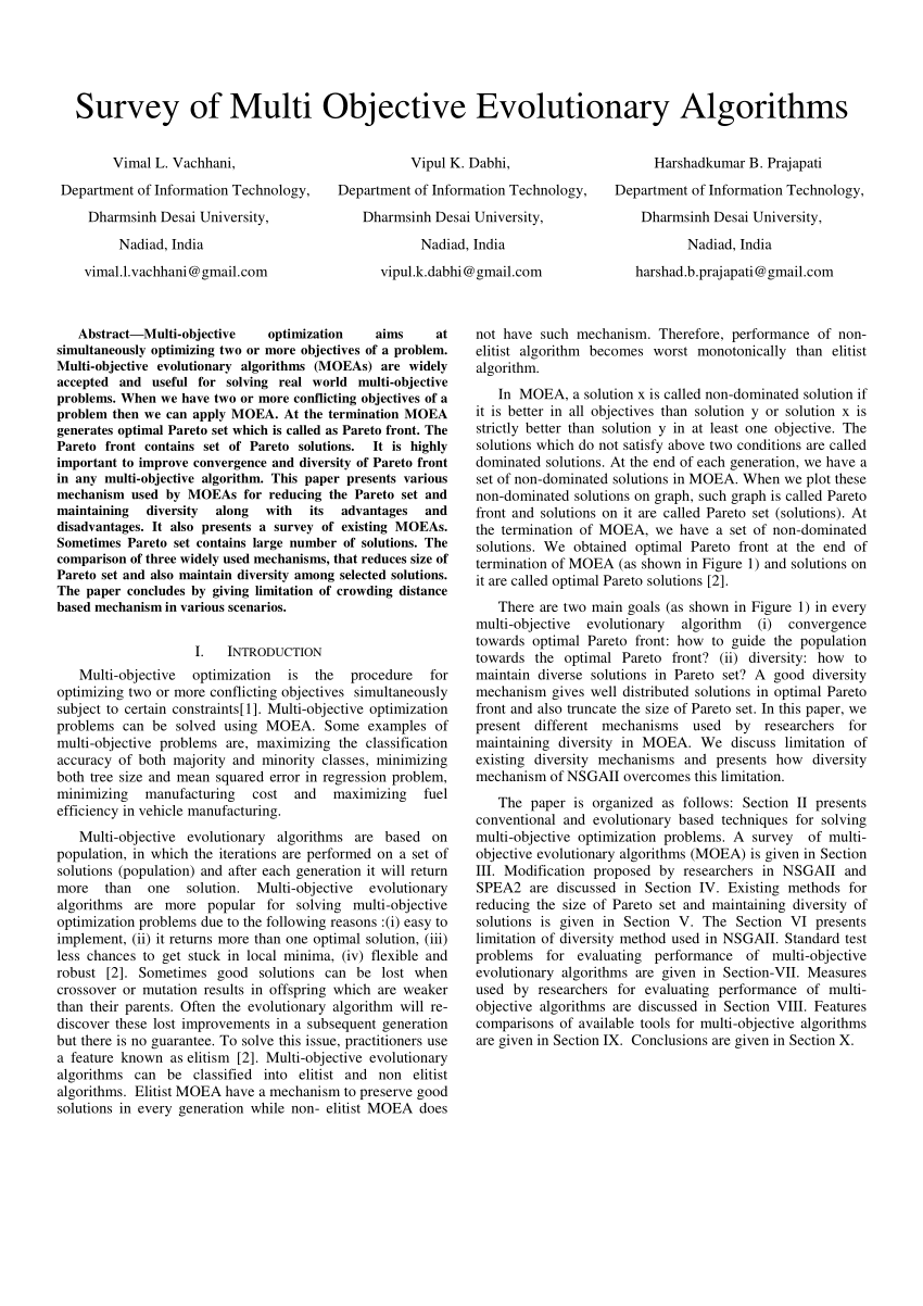 Pdf Survey Of Multi Objective Evolutionary Algorithms 8594