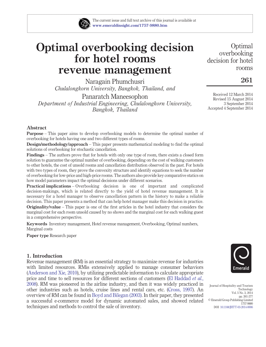 Pdf Optimal Overbooking Decision For Hotel Rooms Revenue Management