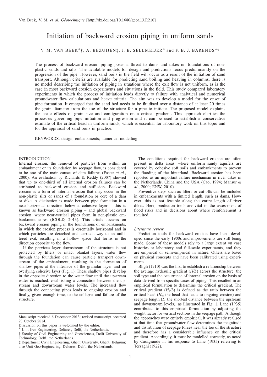 Pdf Initiation Of Backward Erosion Piping In Uniform Sands