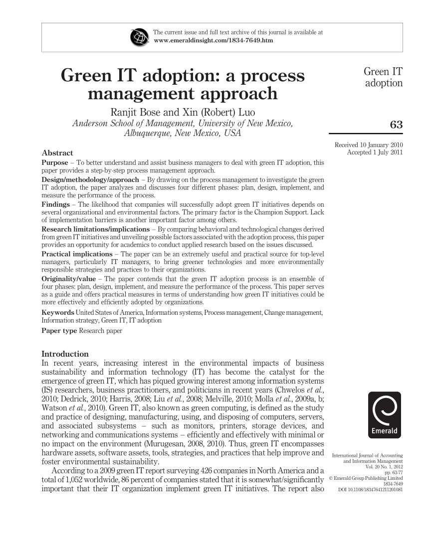 Pdf Green It Adoption A Process Management Approach