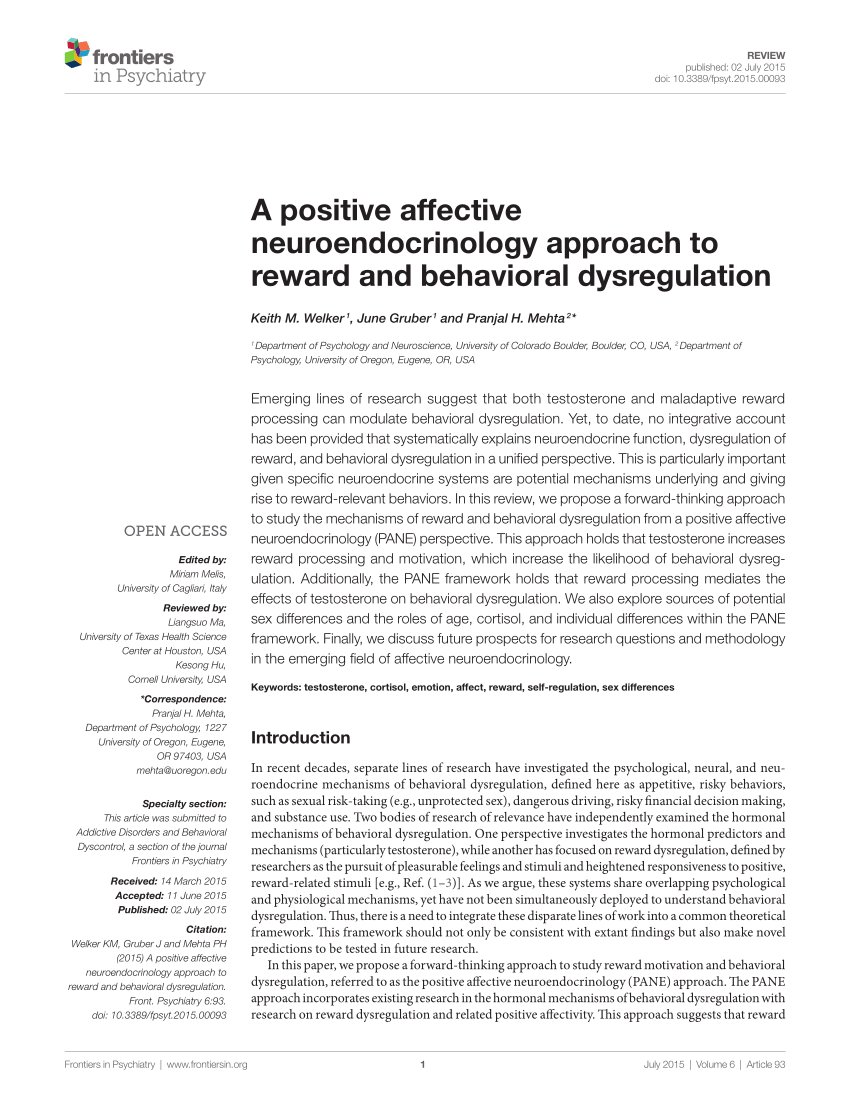 Pdf A Positive Affective Neuroendocrinology Approach To Reward And Behavioral Dysregulation