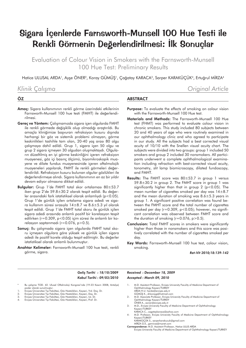 pdf sigara icenlerde farnsworth munsell 100 hue testi ile renkli gormenin degerlendirilmesi ilk sonuclar