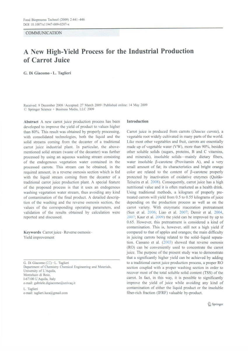 PDF) A New High-Yield Process for the Industrial Production of Carrot Juice