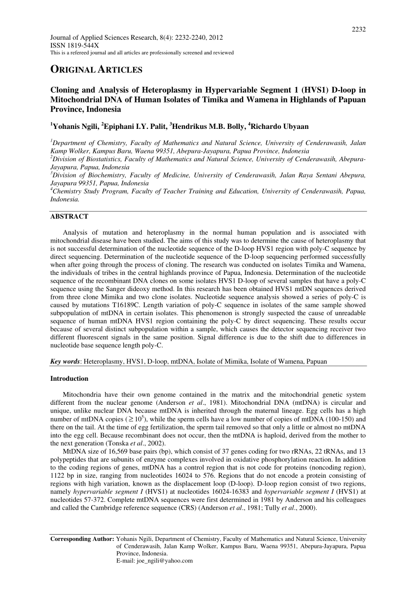 PDF) Cloning and Analysis of Heteroplasmy in Hypervariable Segment ...