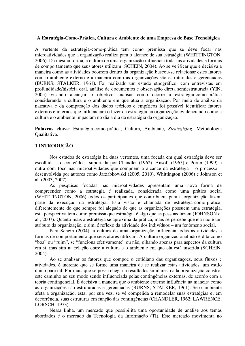 Pdf A Estratégia Como Prática Cultura E Ambiente De Uma Empresa De Base Tecnológica 4484