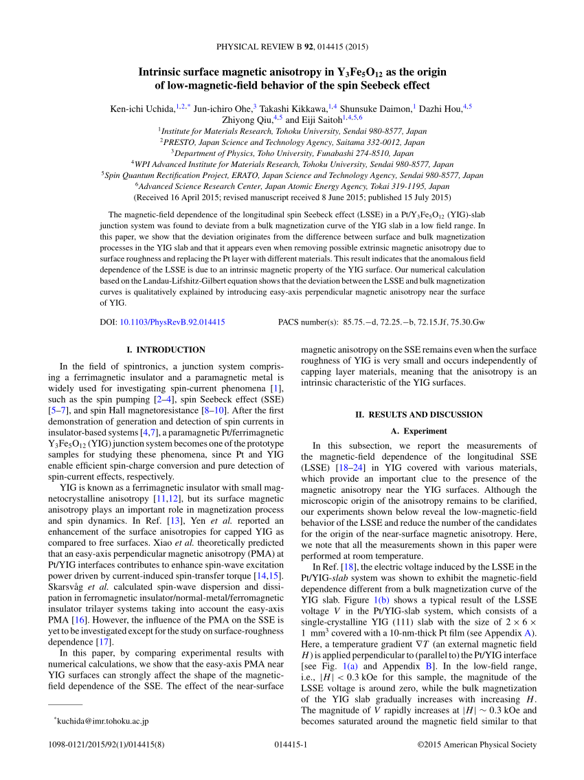 PDF) Intrinsic surface magnetic anisotropy in Y3Fe5O12 as the 