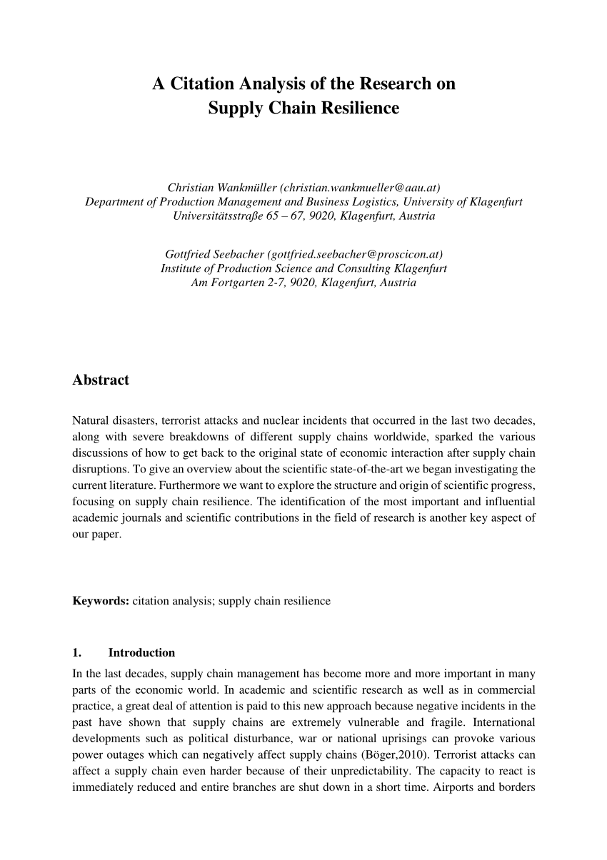 Pdf A Citation Analysis Of The Research On Supply Chain Resilience