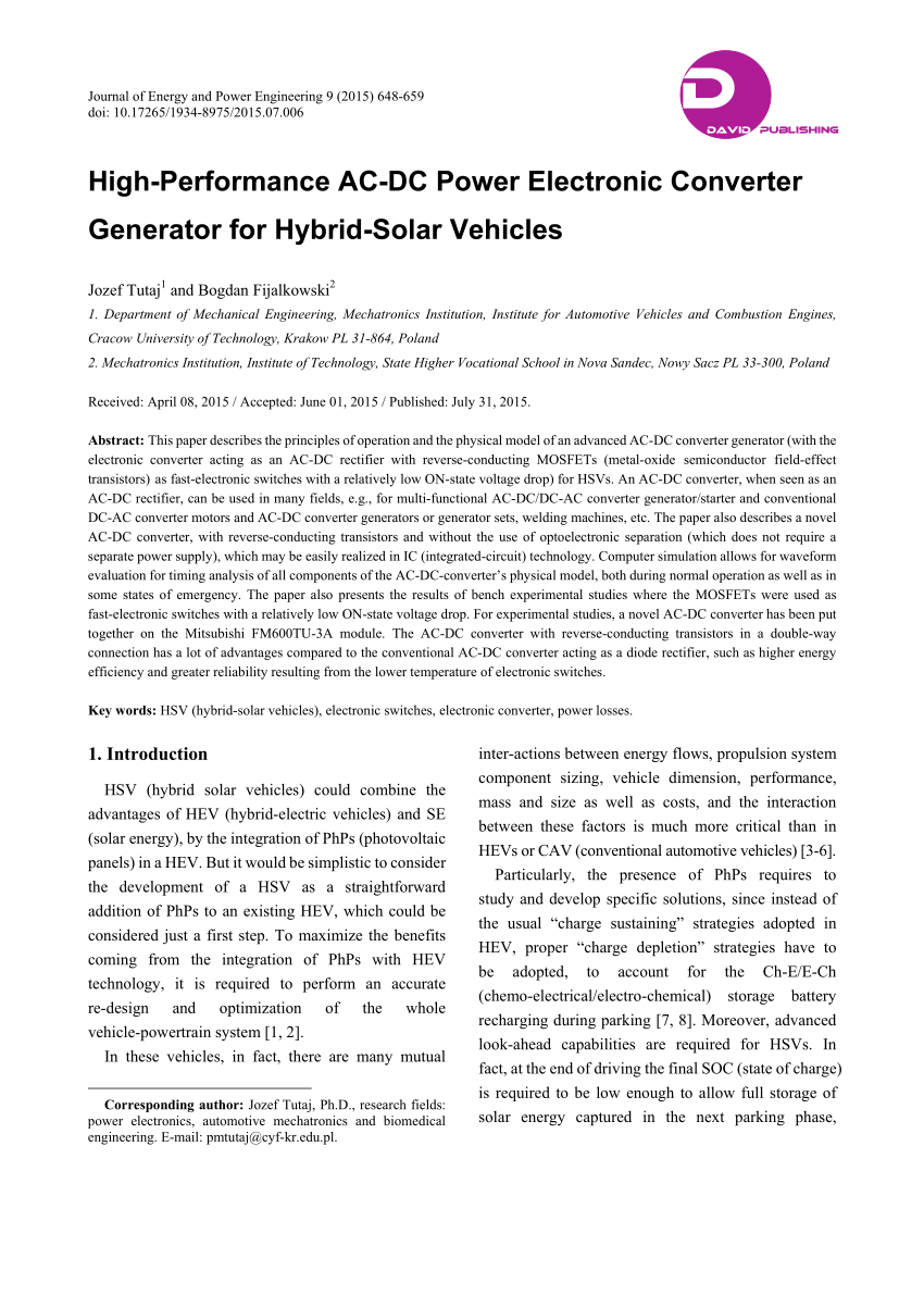 PDF) High-performance AC-DC Converter Generator for Hybrid-Solar Vehicles,  (Co-author: Jozef Tutaj), Journal of Energy and Power Engineering. No. 9,  July 2015, pp. 648-659, doi: 10.17265/1934-8975/2015.07.006