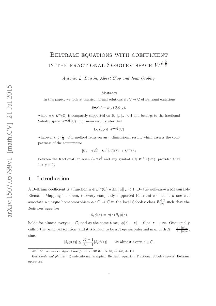 Pdf Beltrami Equations With Coefficient In The Fractional Sobolev Space W Theta Frac2 Theta