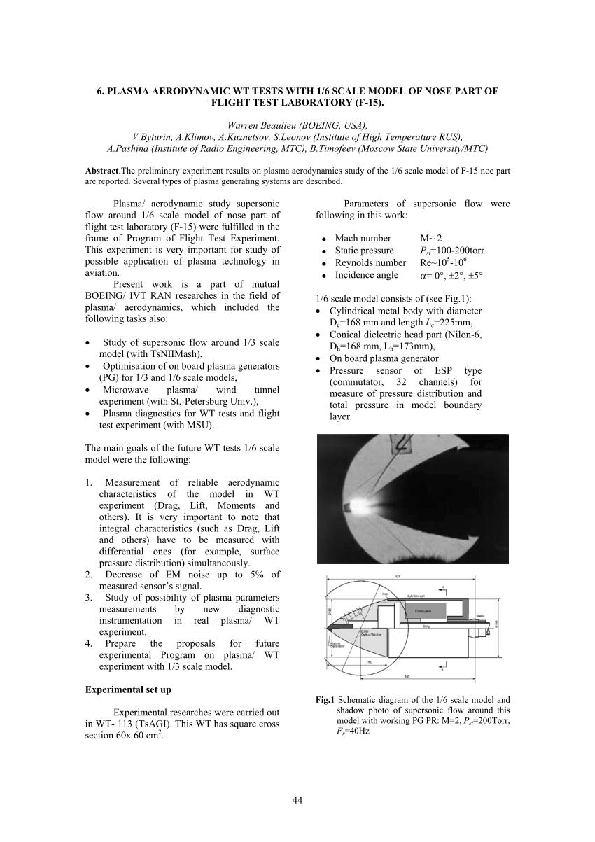 (PDF) PLASMA AERODYNAMIC WT TESTS WITH 1/6 SCALE MODEL OF NOSE PART OF ...