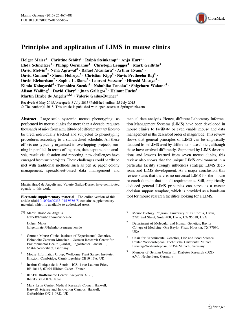 PDF) Principles and application of LIMS in mouse clinics