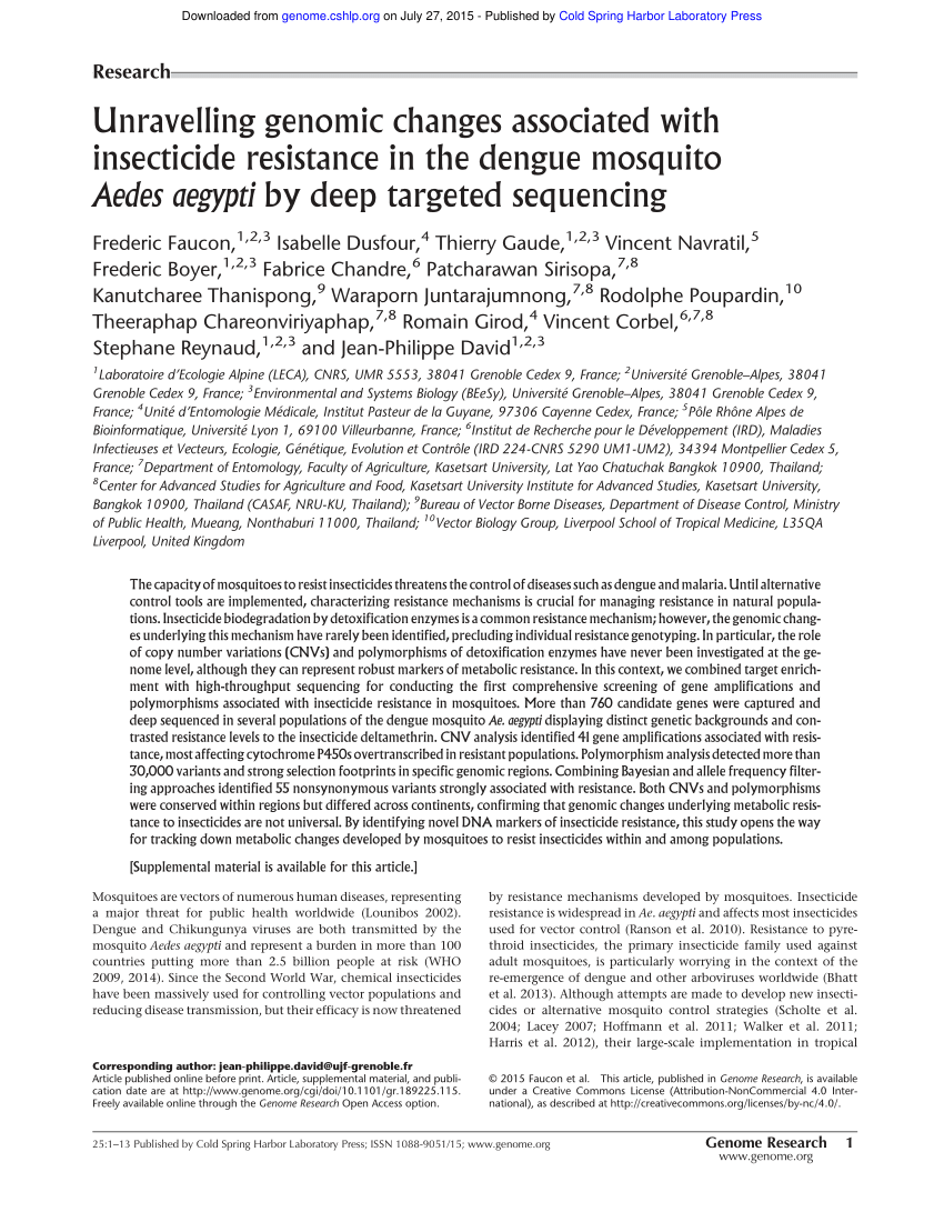 PDF) A genomic amplification affecting a carboxylesterase gene cluster  confers organophosphate resistance in the mosquito Aedes aegypti : From  genomic characterization to high‐throughput field detection