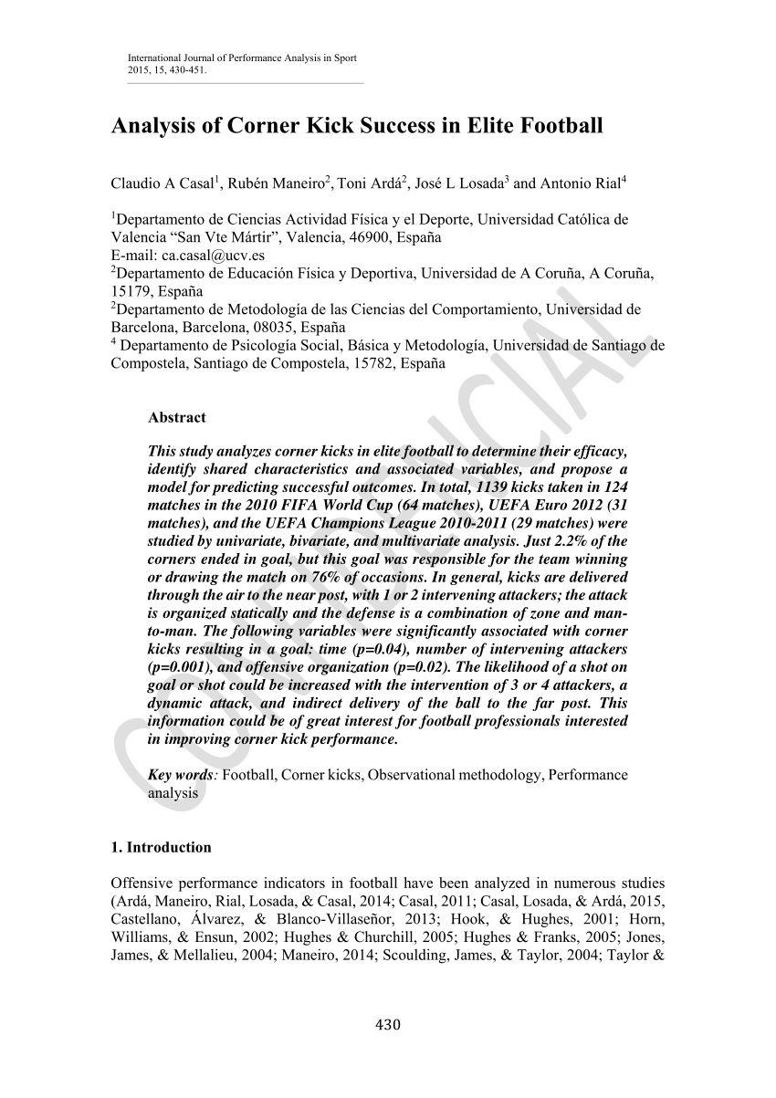 PDF) Analysis of Corner Kick Success in Laliga Santander