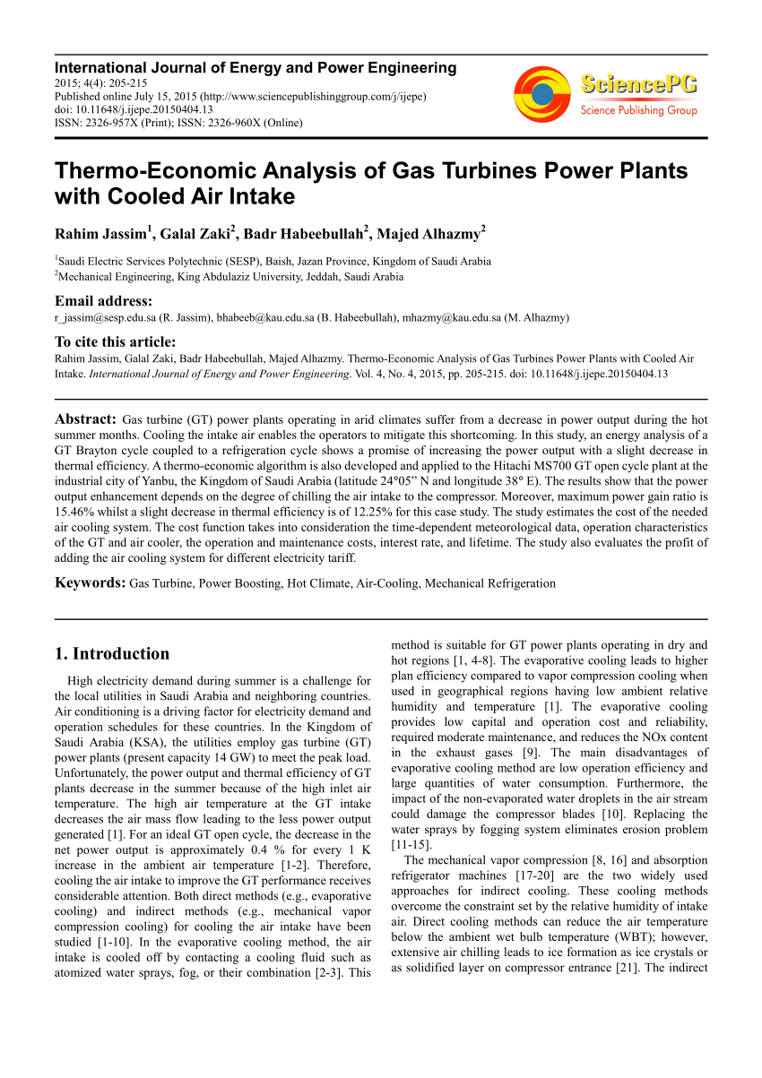 Pdf Thermo Economic Analysis Of Gas Turbines Power Plants With Cooled Air Intake