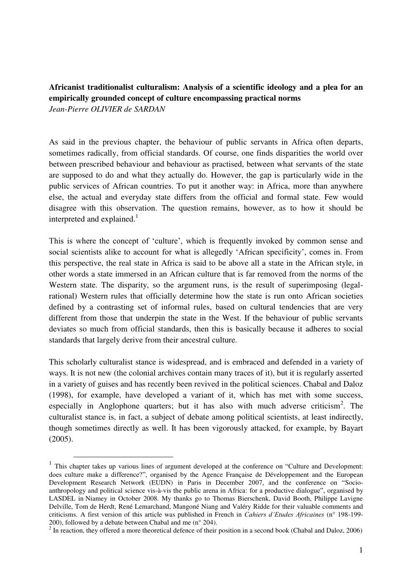 Pdf Africanist Traditionalist Culturalism Analysis Of A Scientific Ideology And A Plea For An Empirically Grounded Concept Of Culture Encompassing Practical Norms