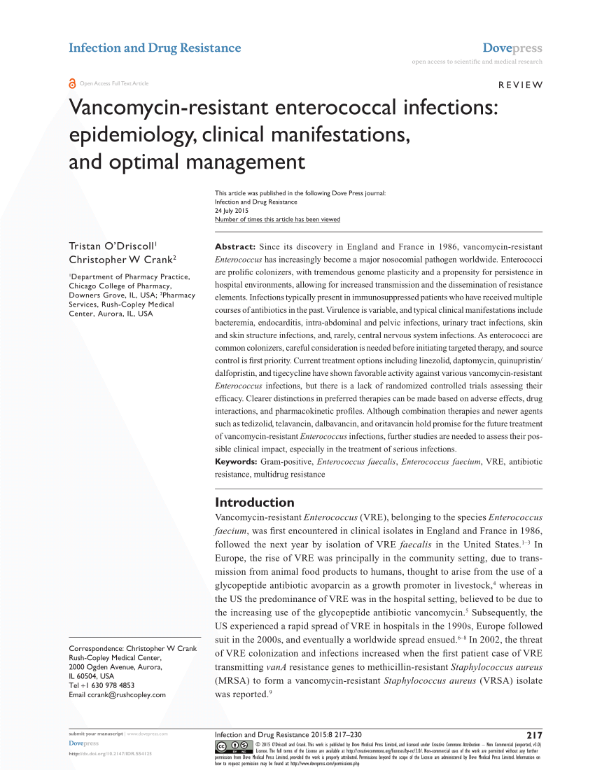 Pdf Vancomycin Resistant Enterococcal Infections Epidemiology Clinical Manifestations And Optimal Management