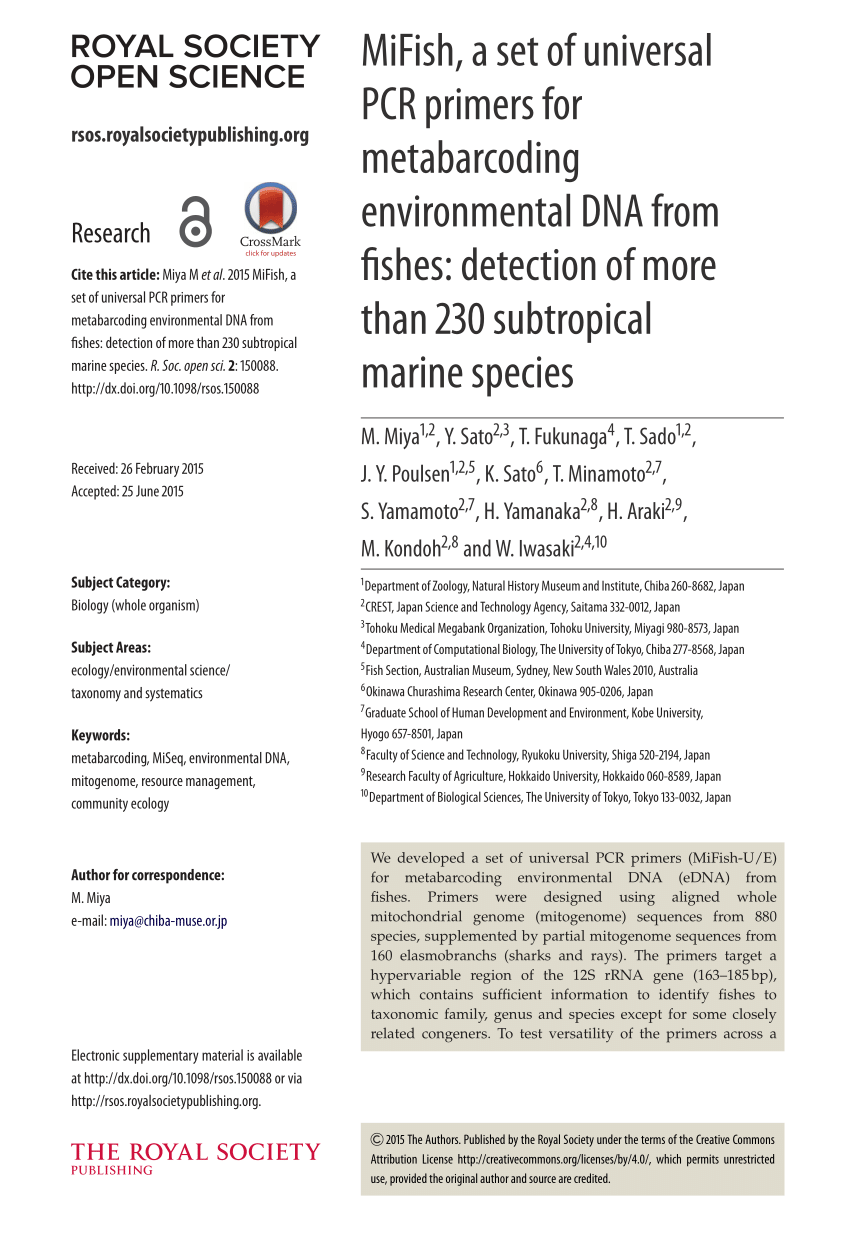 Pdf Mifish A Set Of Universal Pcr Primers For Metabarcoding Environmental Dna From Fishes Detection Of More Than 230 Subtropical Marine Species