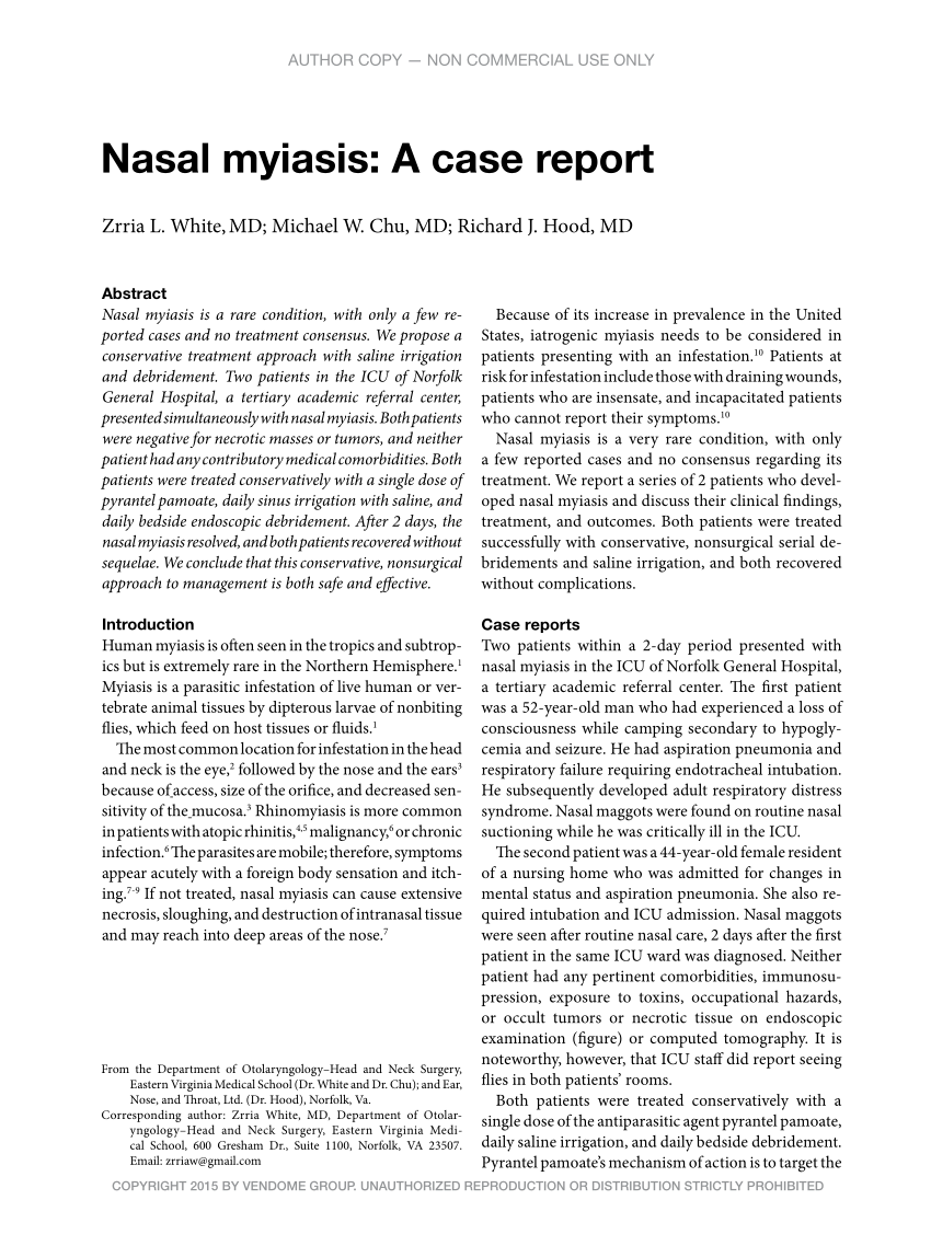 Nasal Myiasis: Case Report and Literature Review