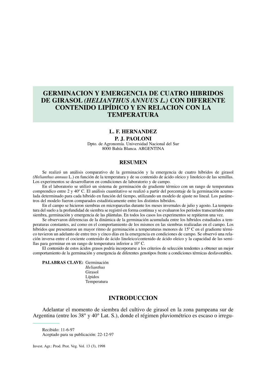 PDF) Germinación y emergencia de cuatro híbridos de girasol (