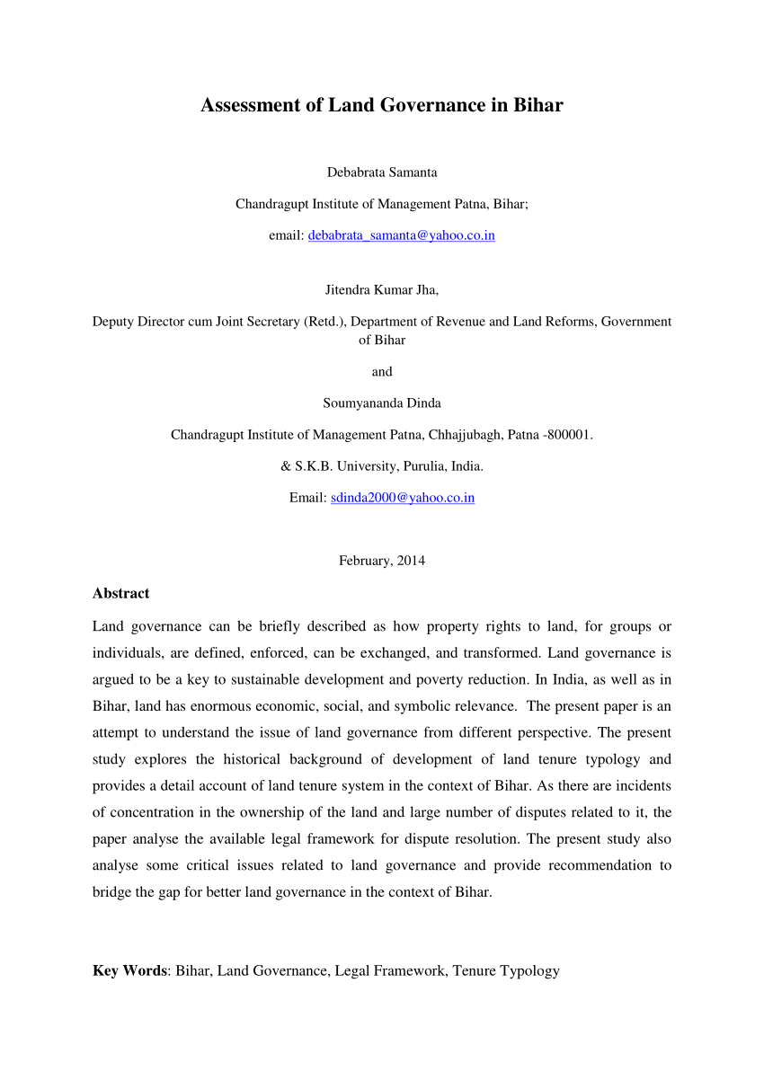 Pdf Assessment Of Land Governance In Bihar