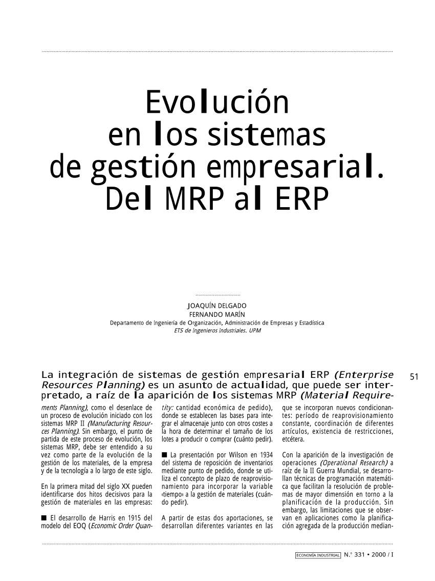 Pdf Evolucion En Los Sistemas De Gestion Empresarial Del Mrp Al Erp