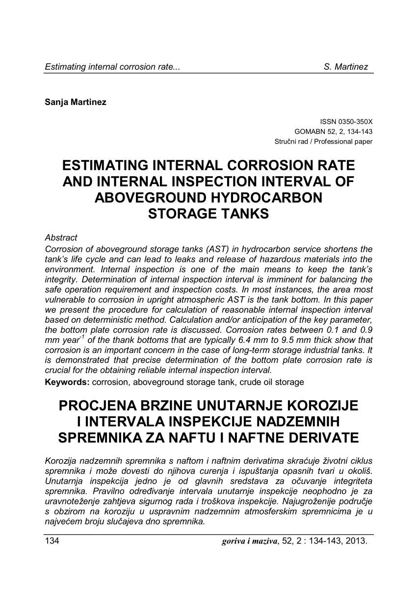 Pdf Estimating Internal Corrosion Rate And Internal Inspection Interval Of Aboveground Hydrocarbon Storage Tanks