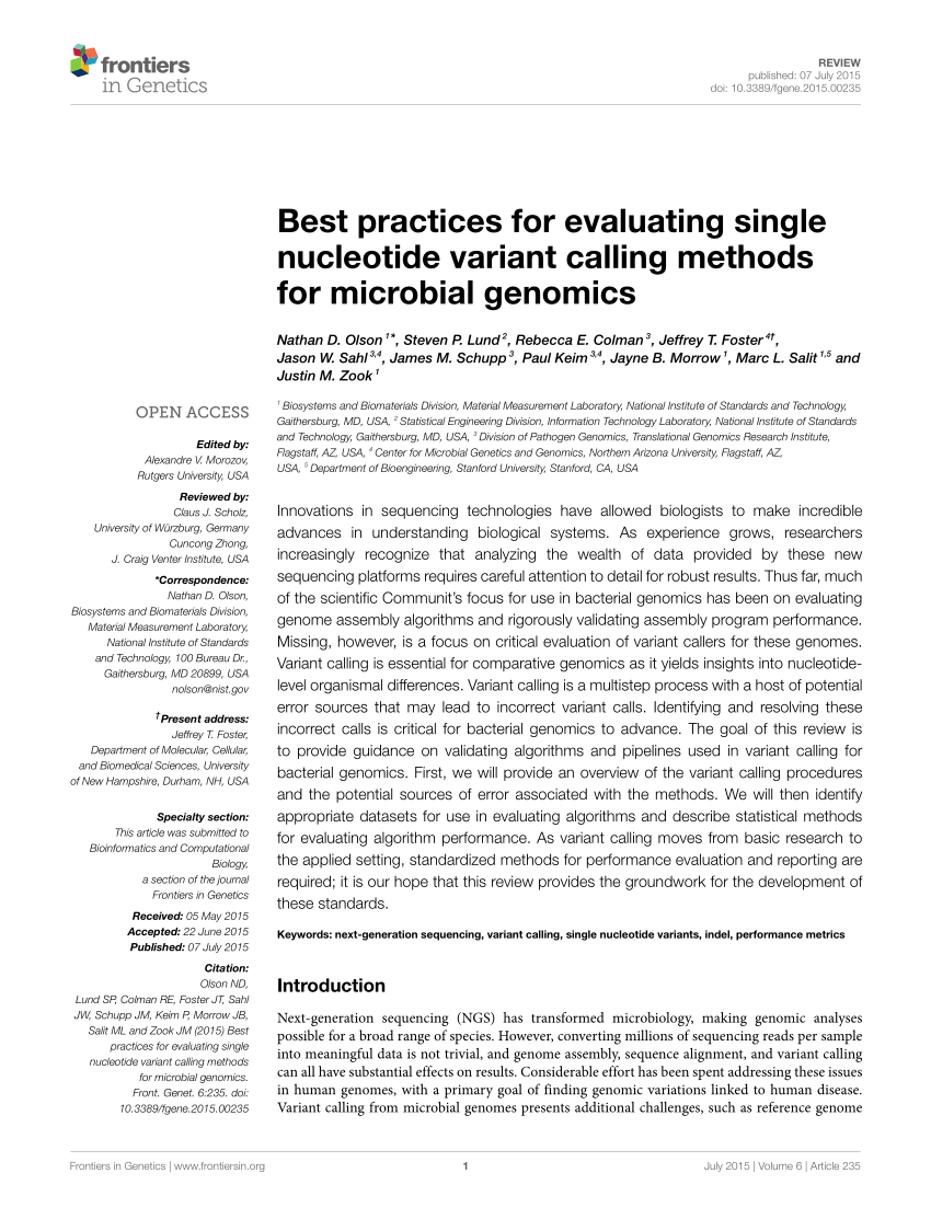 Pdf Best Practices For Evaluating Single Nucleotide Variant Calling Methods For Microbial Genomics 8135