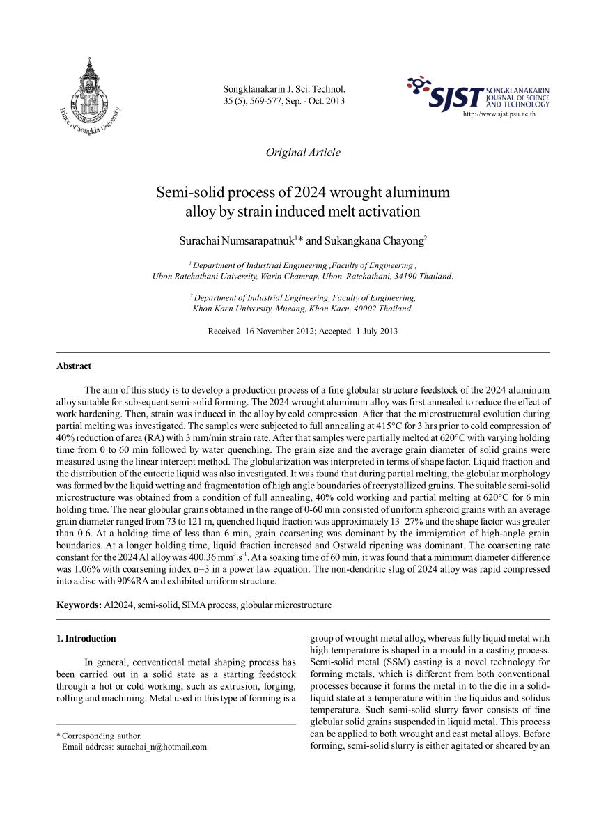 (PDF) Semisolid process of 2024 wrought aluminum alloy by strain