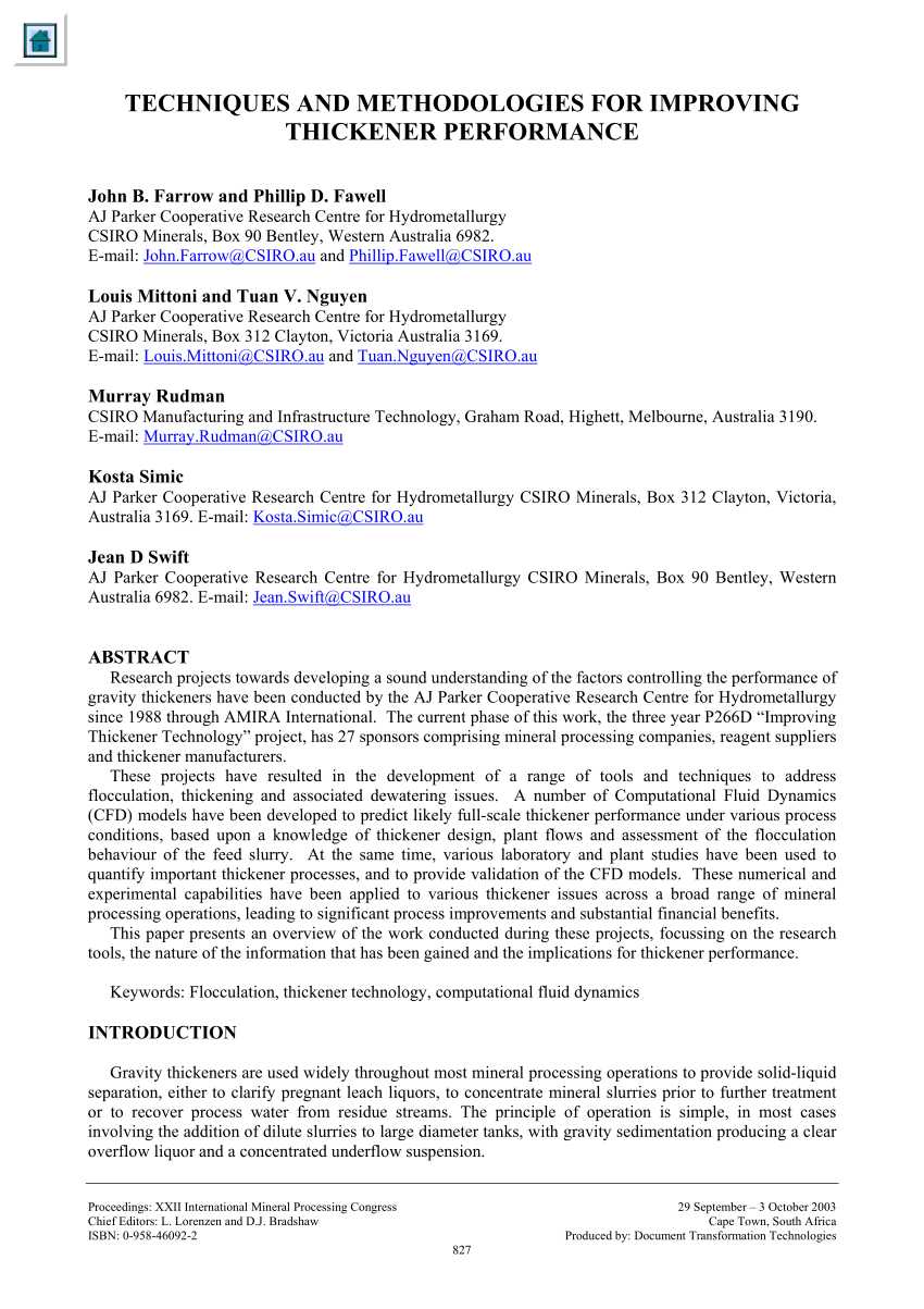 (PDF) Techniques and methodologies for improving thickener performance