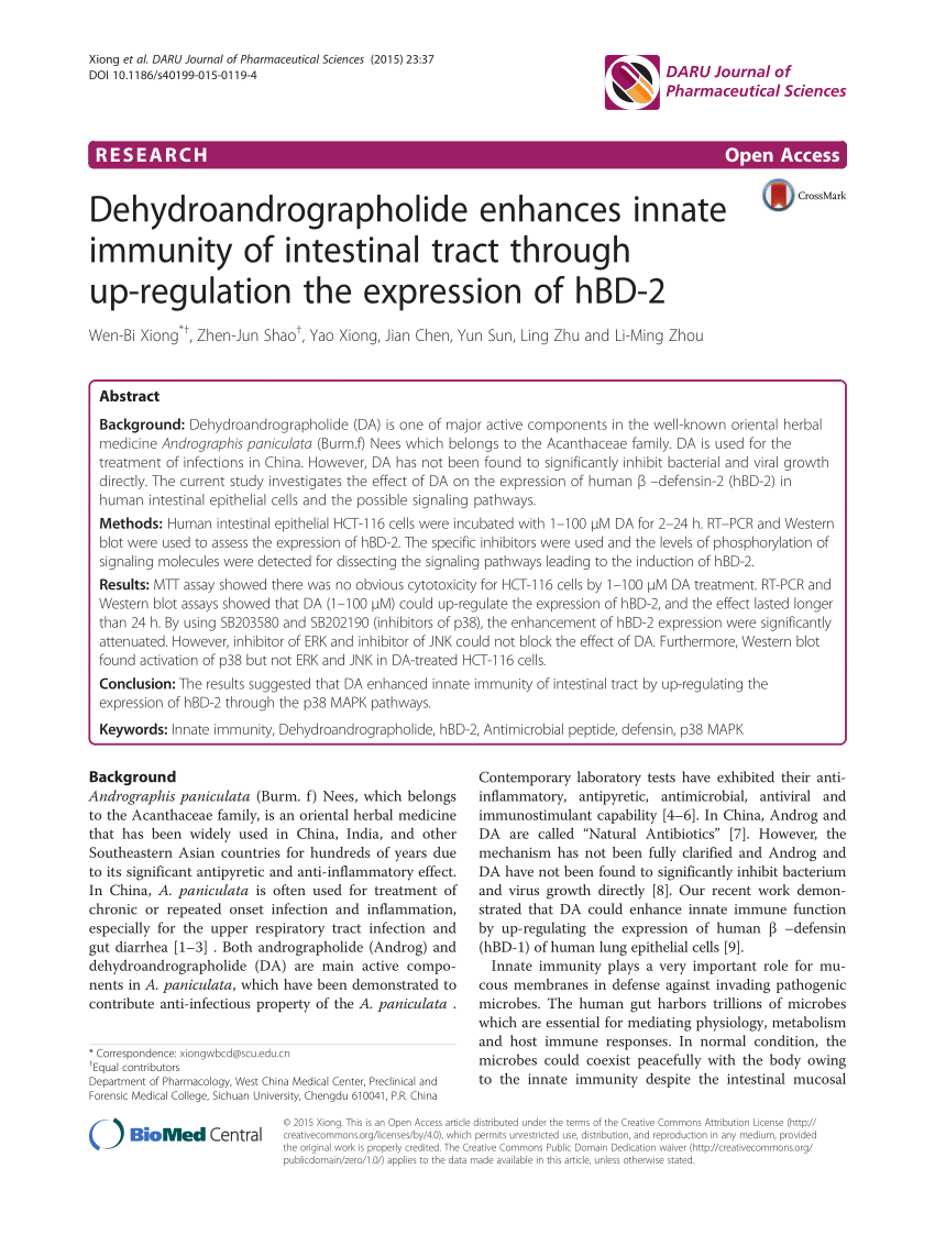 Pdf Dehydroandrographolide Enhances Innate Immunity Of Intestinal Tract Through Up Regulation The Expression Of Hbd 2