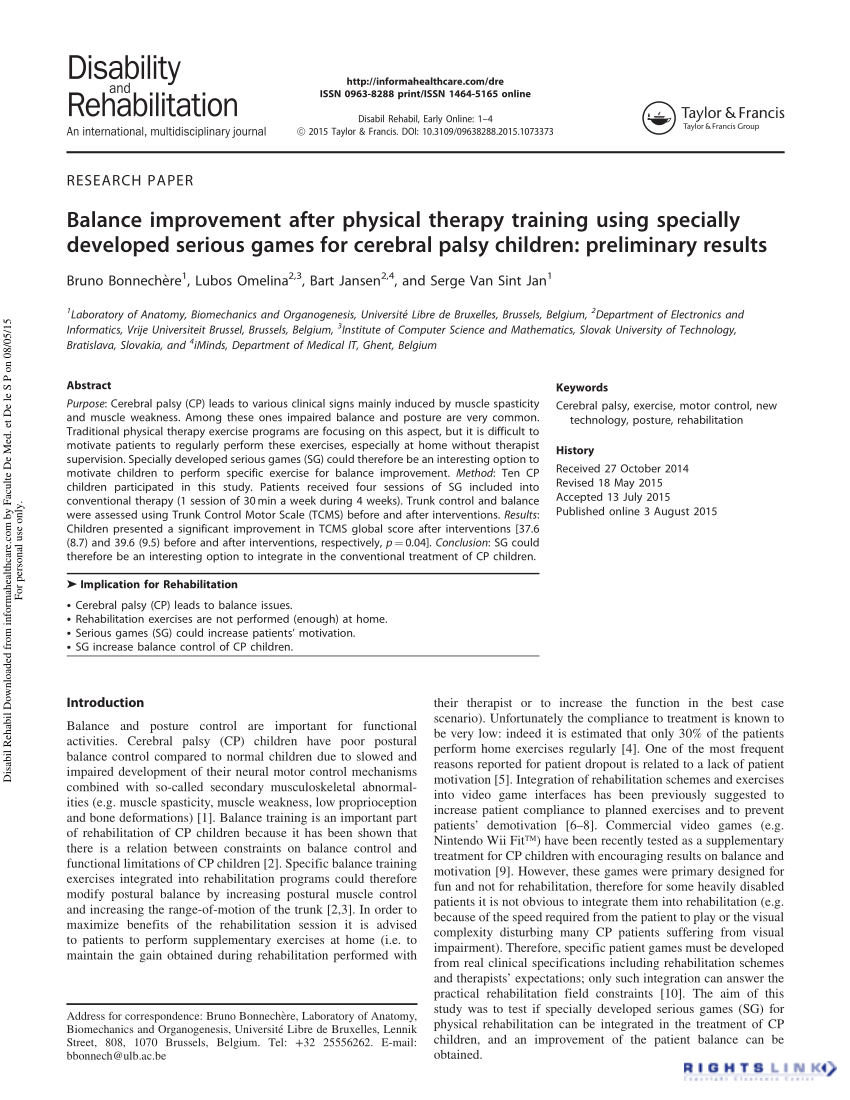 Pdf Balance Improvement After Physical Therapy Training Using Specially Developed Serious Games For Cerebral Palsy Children Preliminary Results