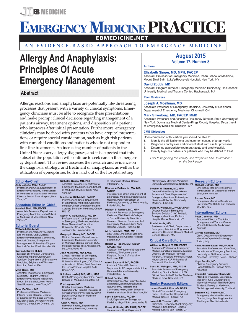 Pdf Allergy And Anaphylaxis Principles Of Acute Emergency