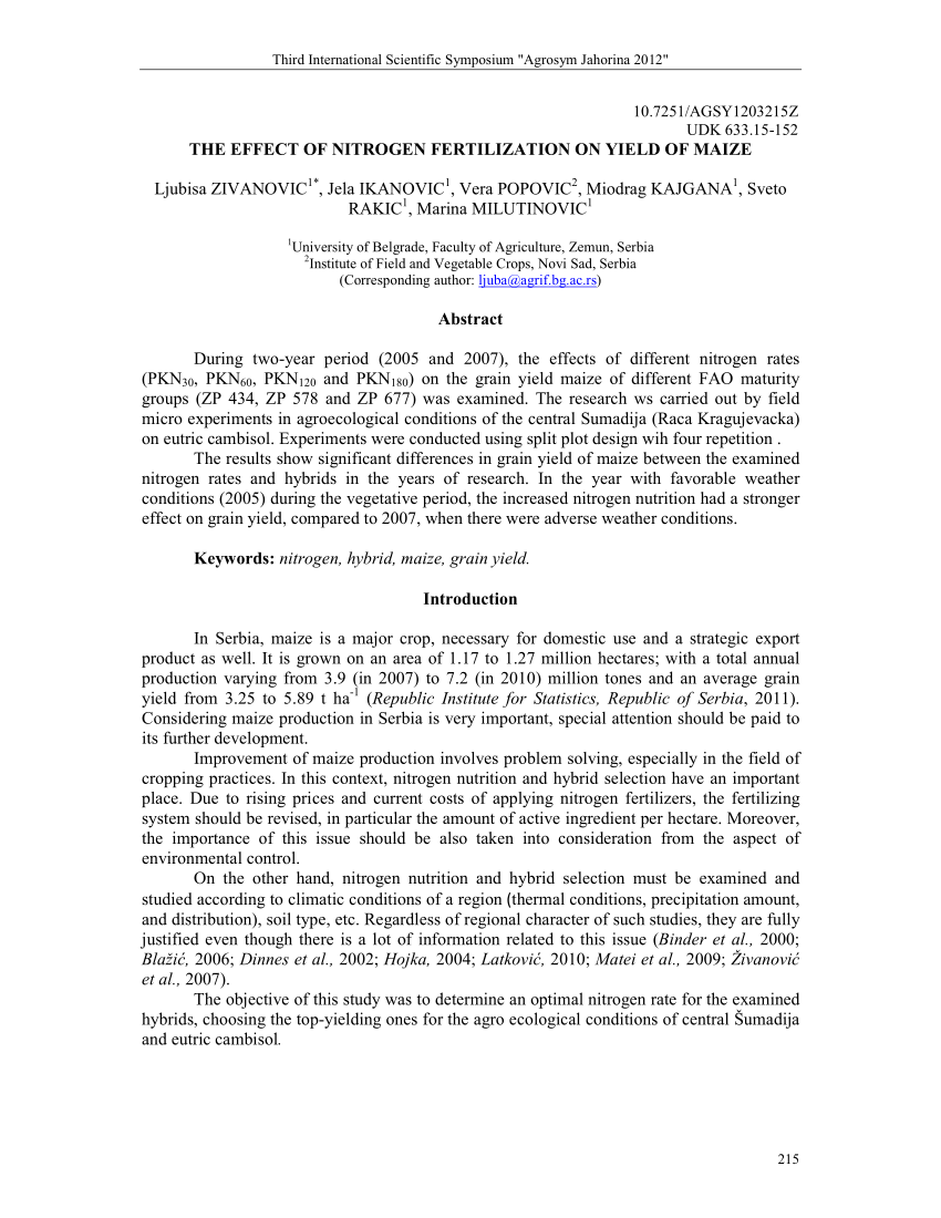 (PDF) THE EFFECT OF NITROGEN FERTILIZATION ON YIELD OF MAIZE