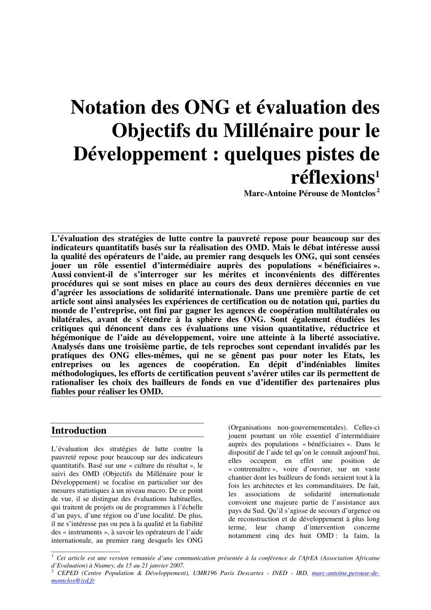 Pdf Notation Des Ong Et Evaluation Des Objectifs Du Millenaire Pour Le Developpement Quelques Pistes De Reflexion