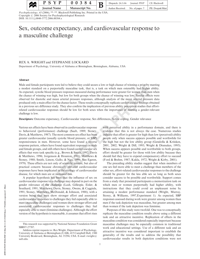 Pdf Sex Outcome Expectancy And Cardiovascular Response To A Masculine Appetitive Challenge