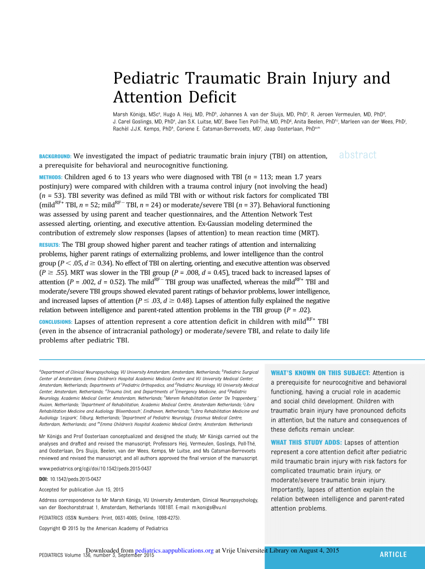 Pdf Pediatric Traumatic Brain Injury And Attention Deficit