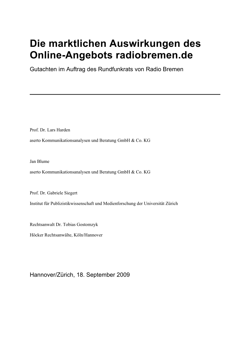 PDF) Die marktlichen Auswirkungen des Online-Angebots radiobremen.de:  Gutachten im Auftrag des Rundfunkrats von Radio Bremen