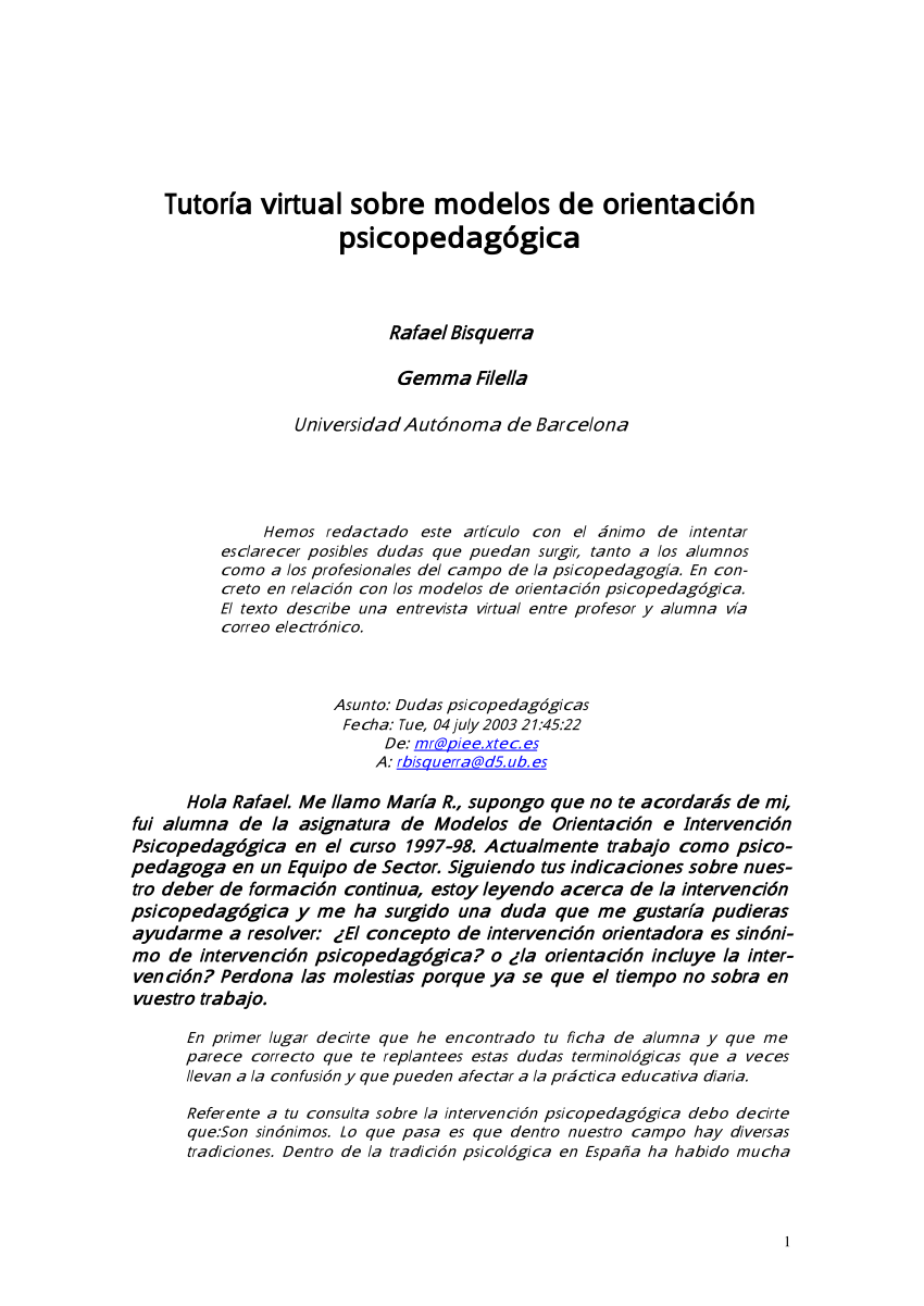 PDF) Tutoría virtual sobre modelos de orientación psicopedagógica