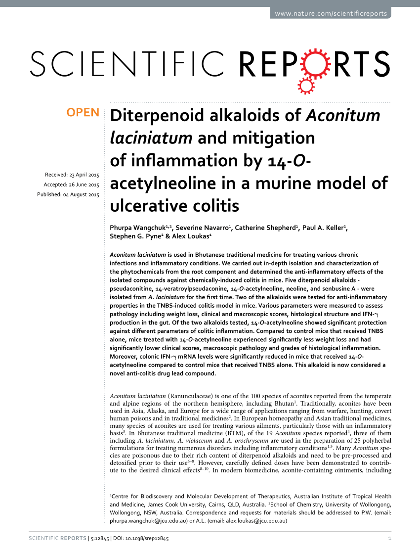 Pdf Diterpenoid Alkaloids Of Aconitum Laciniatum And Mitigation Of Inflammation By 14 O Acetylneoline In A Murine Model Of Ulcerative Colitis