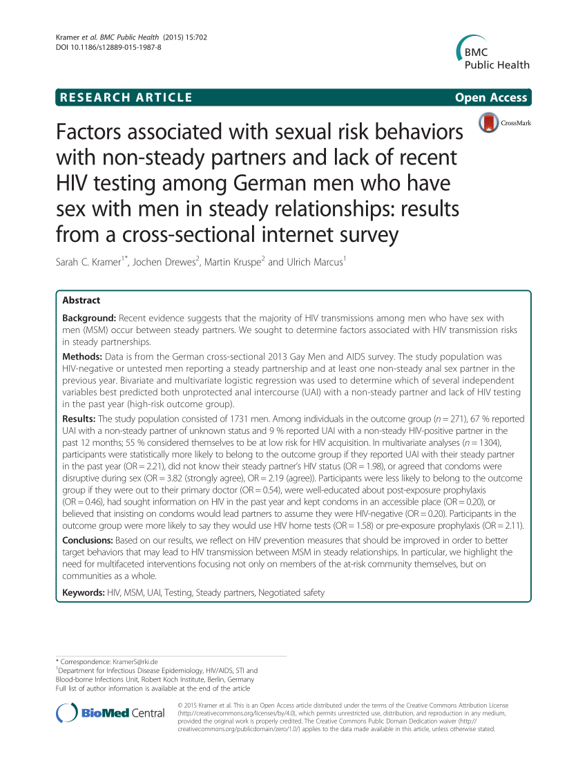 PDF) Factors associated with sexual risk behaviors with non-steady partners  and lack of recent HIV testing among German men who have sex with men in  steady relationships: Results from a cross-sectional internet