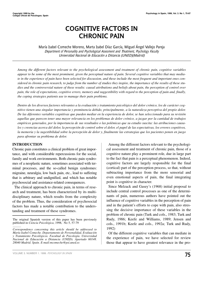 Pdf Cognitive Factors In Chronic Pain