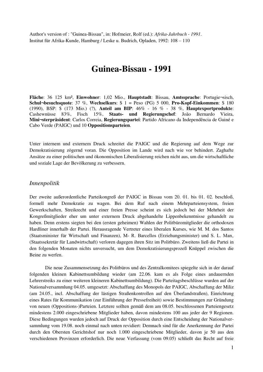 Pdf Guinea Bissau 1991 Domestic Politics Foreign Affairs And Socio Economic Development In German