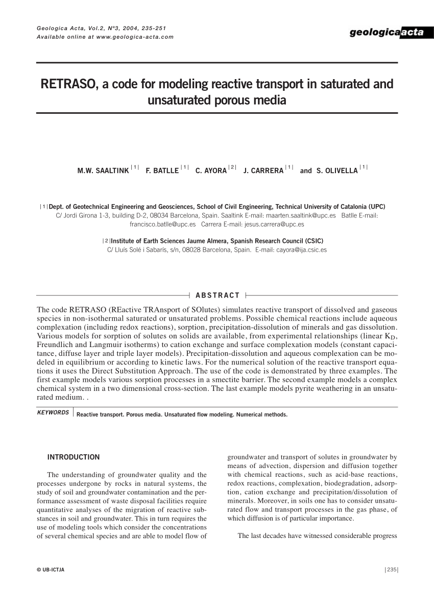 Pdf Retraso A Code For Modeling Reactive Transport In Saturated And Unsaturated Porous Media