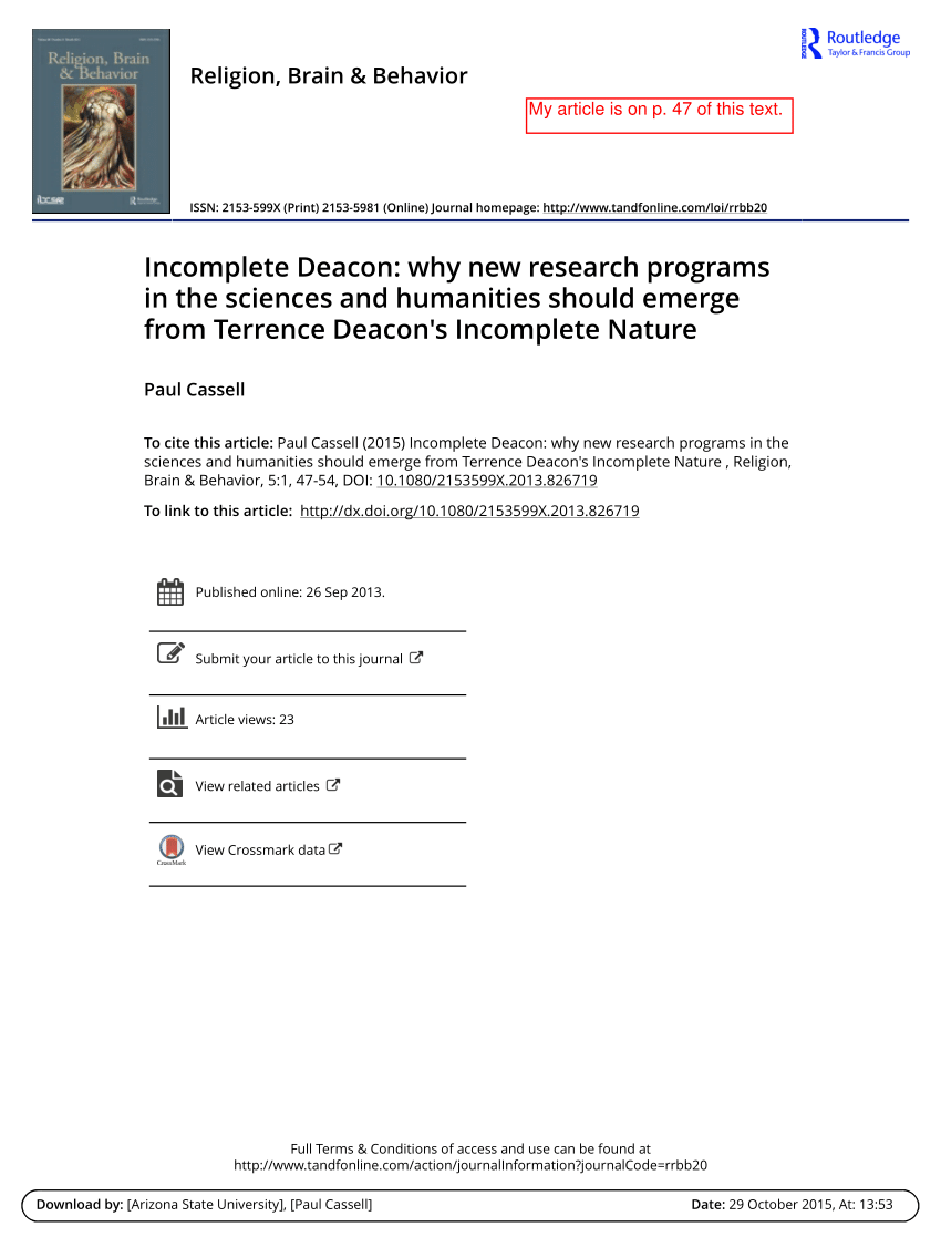 PDF) Incomplete Deacon: why new research programs in the sciences humanities from Terrence Deacon's Nature