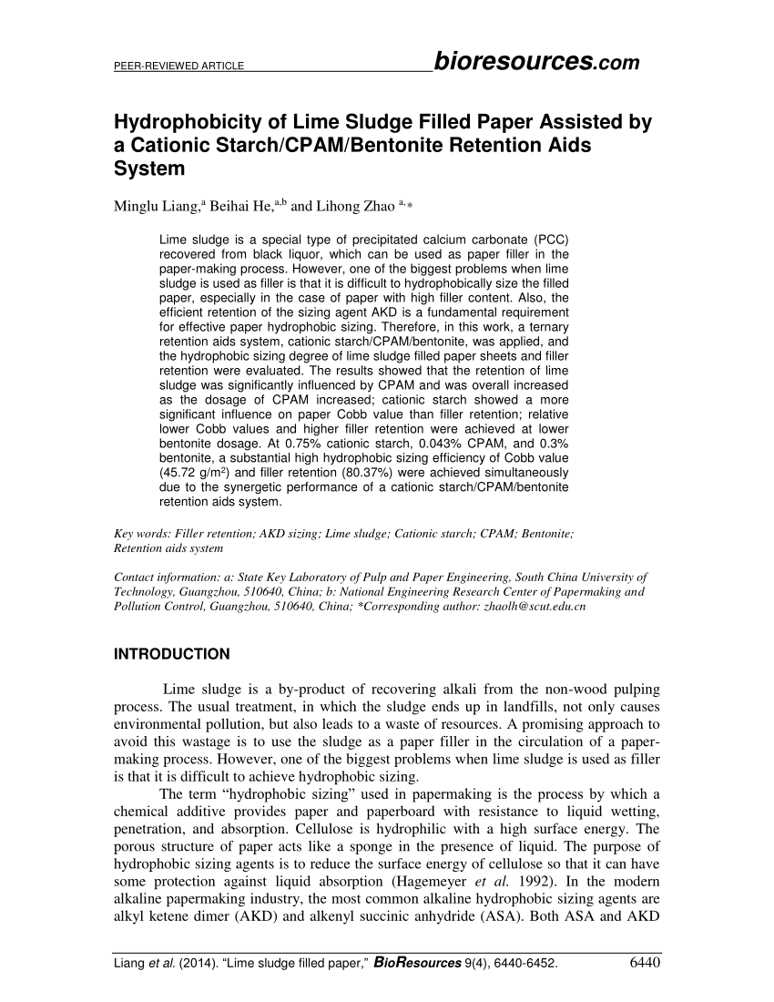 Pdf Hydrophobicity Of Lime Sludge Filled Paper Assisted By A Cationic Starch Cpam Bentonite Retention Aids System