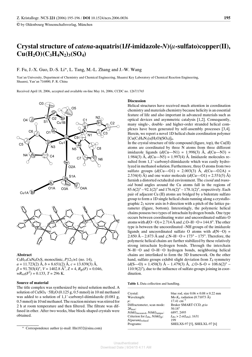 Pdf Crystal Structure Of Catena Aquatris 1h Imidazole N M Sulfato Copper Ii Cu H2o C3h4n2 3 So4