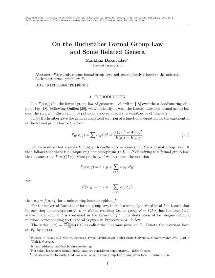 Pdf On The Buchstaber Formal Group Law And Some Related Genera