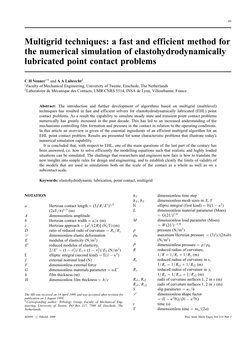 Pdf Multigrid Techniques A Fast And Efficient Method For The Numerical Simulation Of Ehl Point Contact Problems