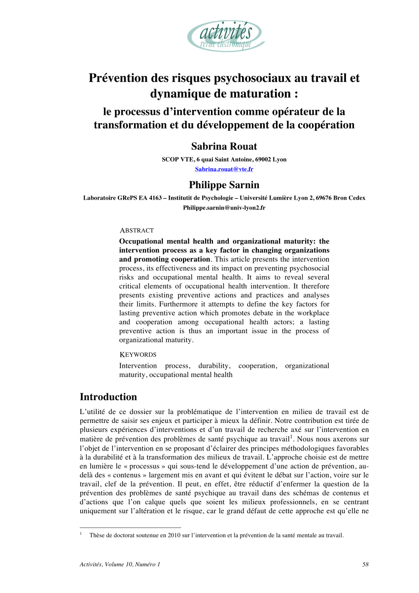 Pdf Prevention Des Risques Psychosociaux Au Travail Et Dynamique De Maturation Le Processus D Intervention Comme Operateur De La Transformation Et Du Developpement De La Cooperation