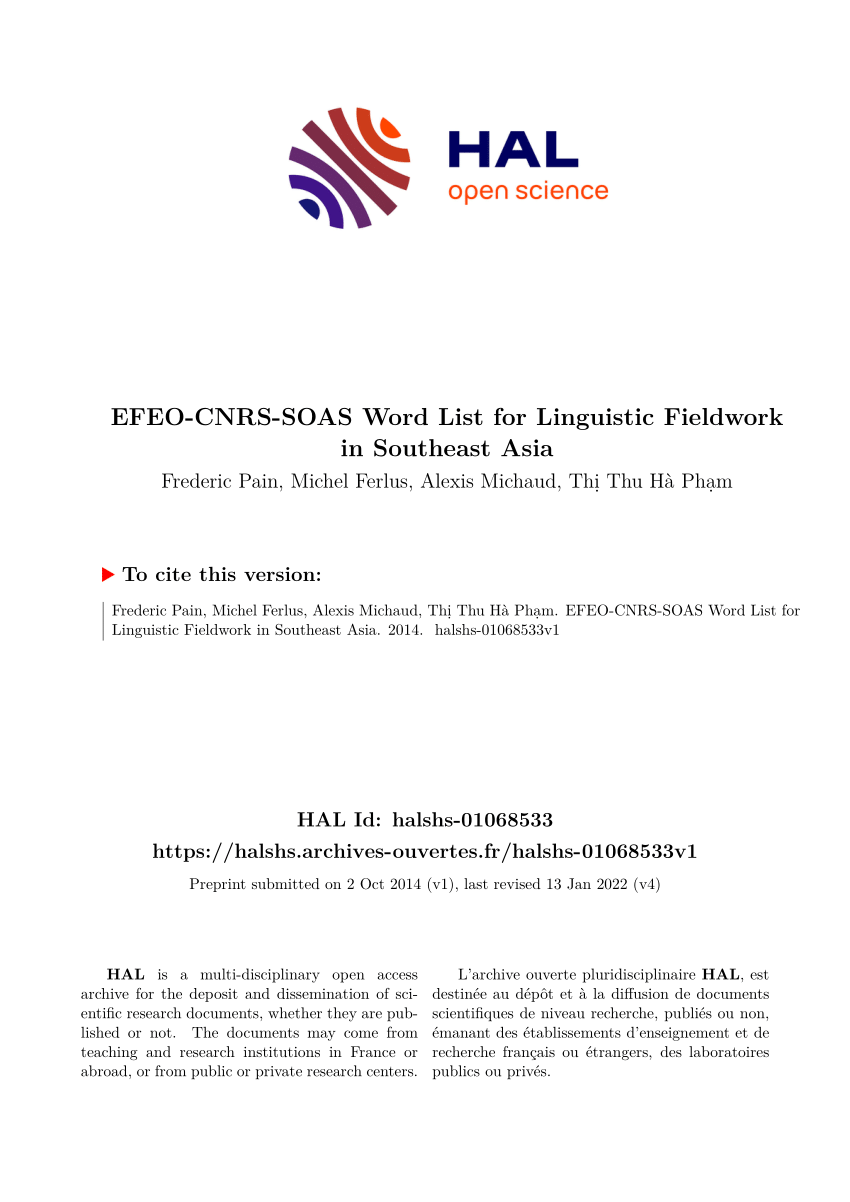 PDF) EFEO-CNRS-SOAS Word List for Linguistic Fieldwork in Southeast Asia image